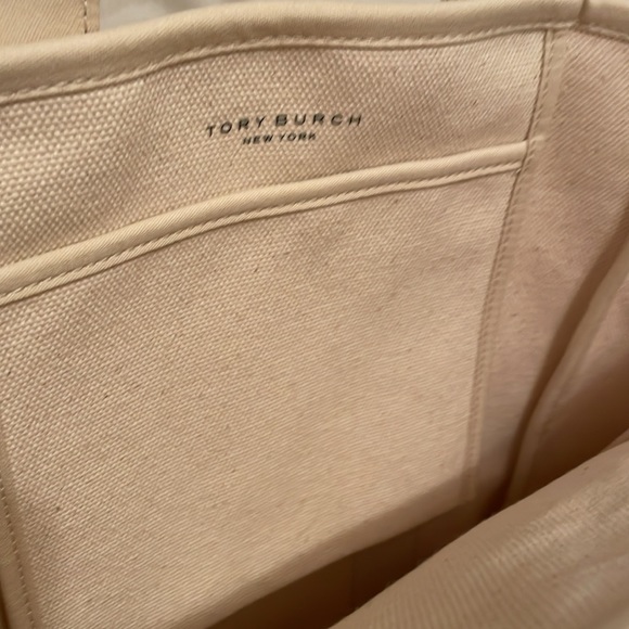 Tory Burch Mercer St. Canvas Tote Bag in Cream Navy Leather Straps - Picture 7 of 8